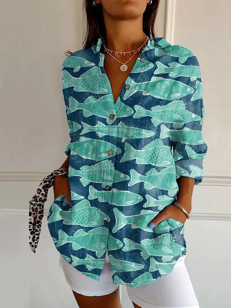 Vintage Ocean Cute Fish Art Print Long Sleeve Shirt