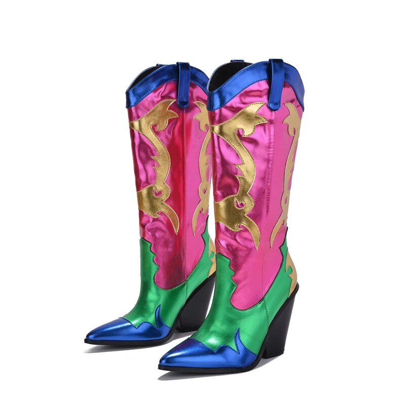 Woman Patchwork Boots Metallic Patent Leather Shiny Western Cowboy Boots Pointed Toe Wedges Shoes
