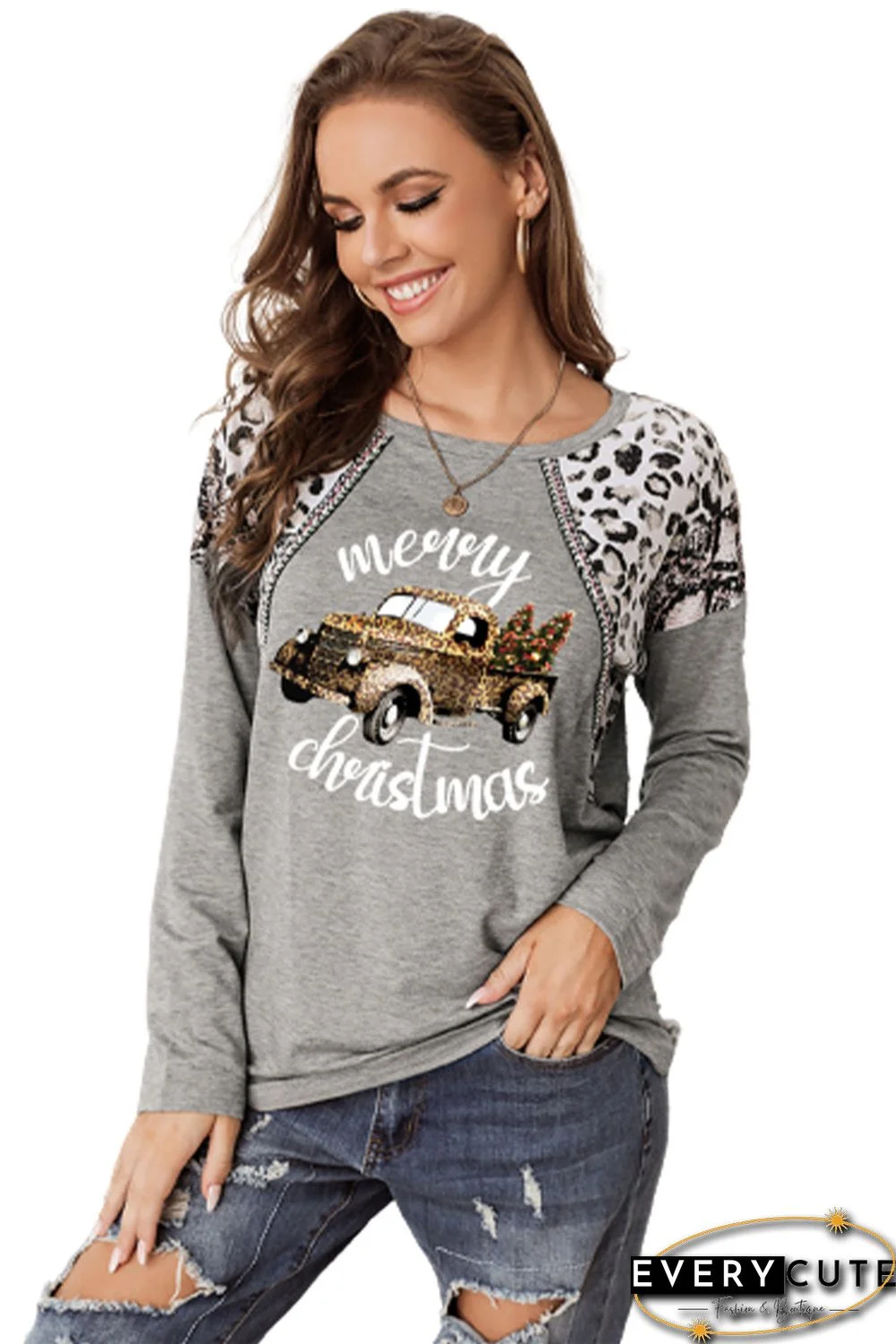 Leopard Letter Christmas Graphic Print Pullover Top