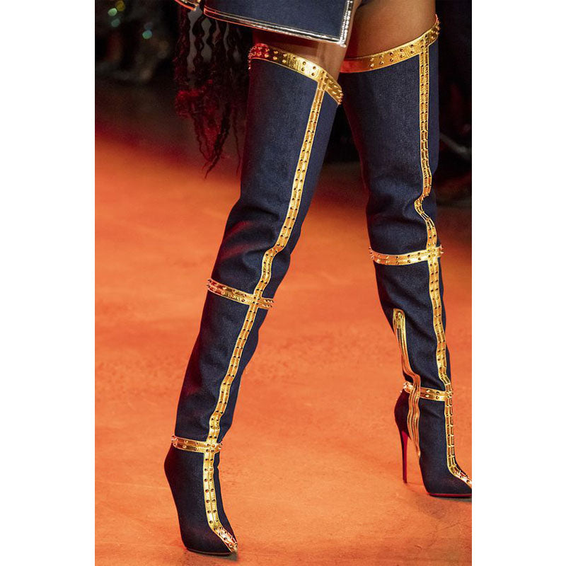 VCSHOES Blue Denim Pointed Toe Thigh High Boots