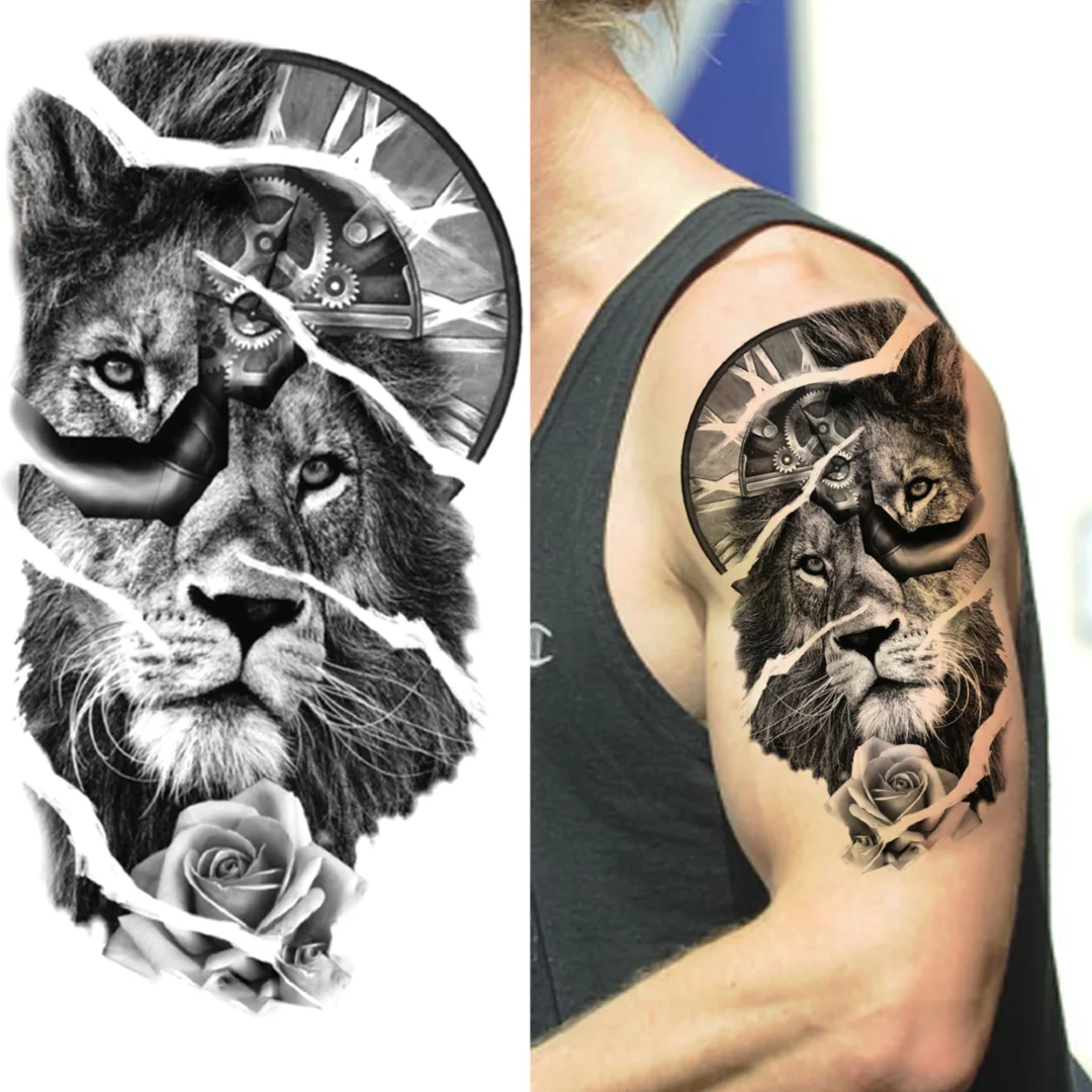 Sdrawing Compass Lion Rose Temporary Tattoo For Men Adults Realistic Fake Tiger Crown Cross Tattoo Sticker Thigh Half Sleeve Tatoo