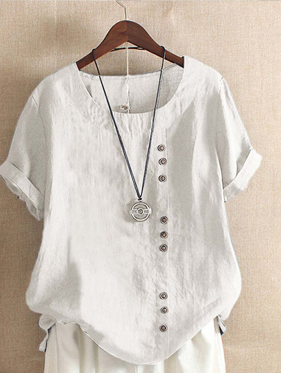 Solid Roll Cuff Button Detail Linen Tee