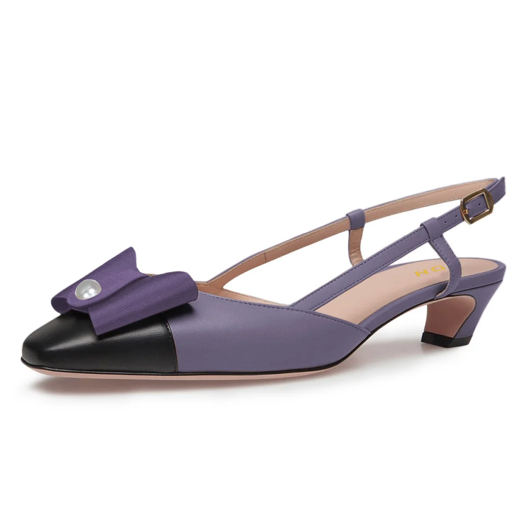 YDN Purple Square Cap Toe Bow Pearl Slingback Chunky Heels