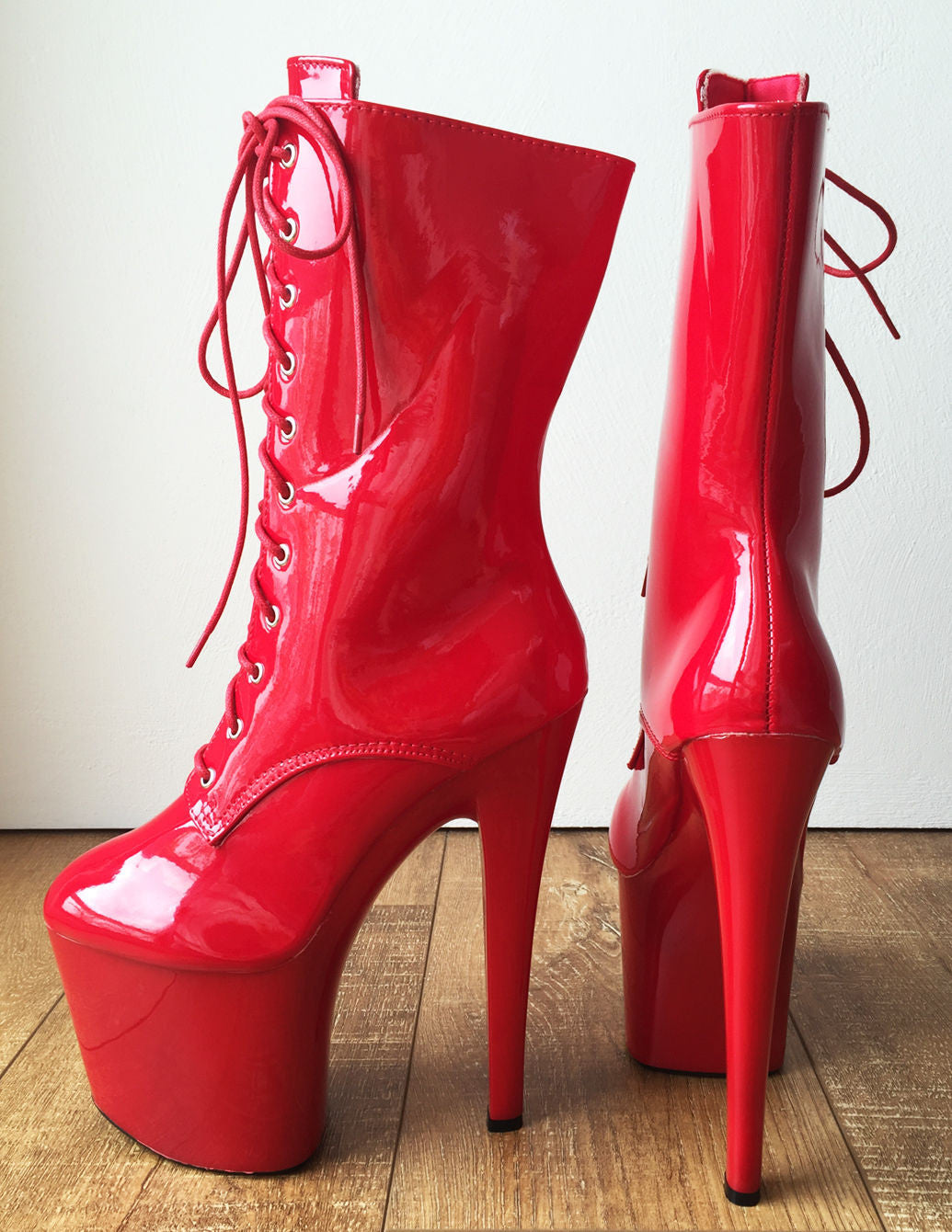 TAAFO DENZEL 20cm Platform Calf Lace Up Show Boot Extreme Fetish BDSM Red Patent