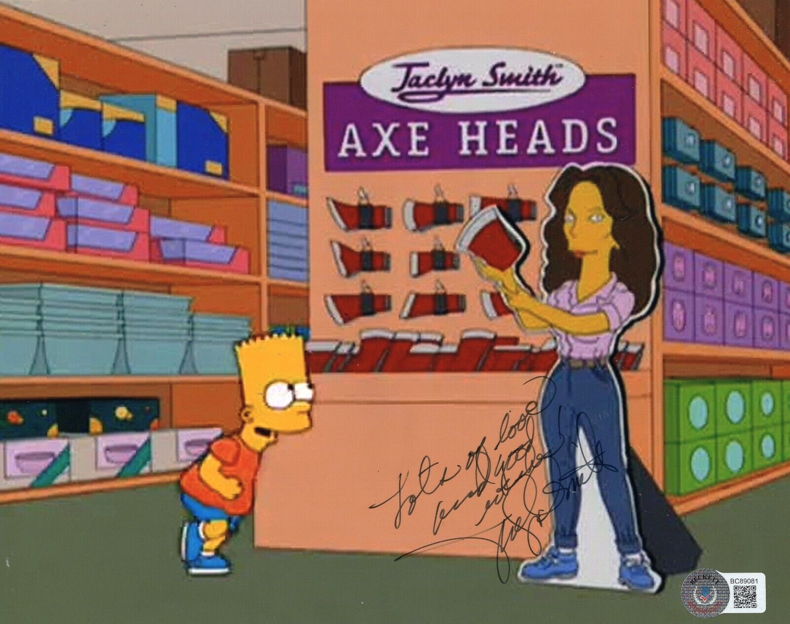 Jaclyn Smith Signed Simpsons TV Show Axe Heads 8x10 Photo Poster painting w/Beckett BC89081