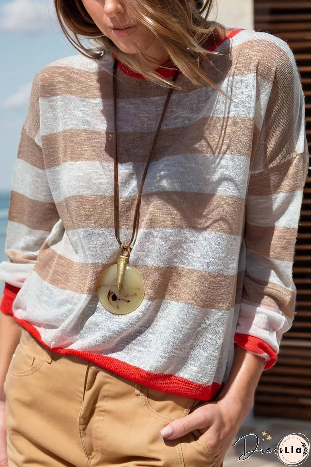 Contrast Striped Round Neck Long Sleeve Knit Top