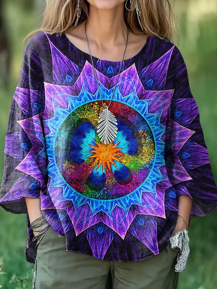 Women's Hippie Mandala Print Pattern Casual Cotton And Linen Shirt
