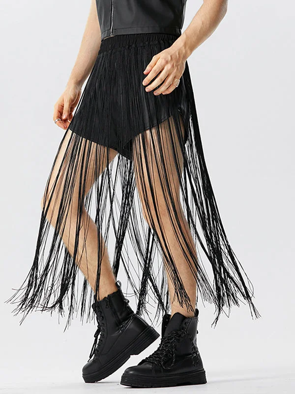 Aonga - Mens Fringe See Through Elastic Waist Skirt