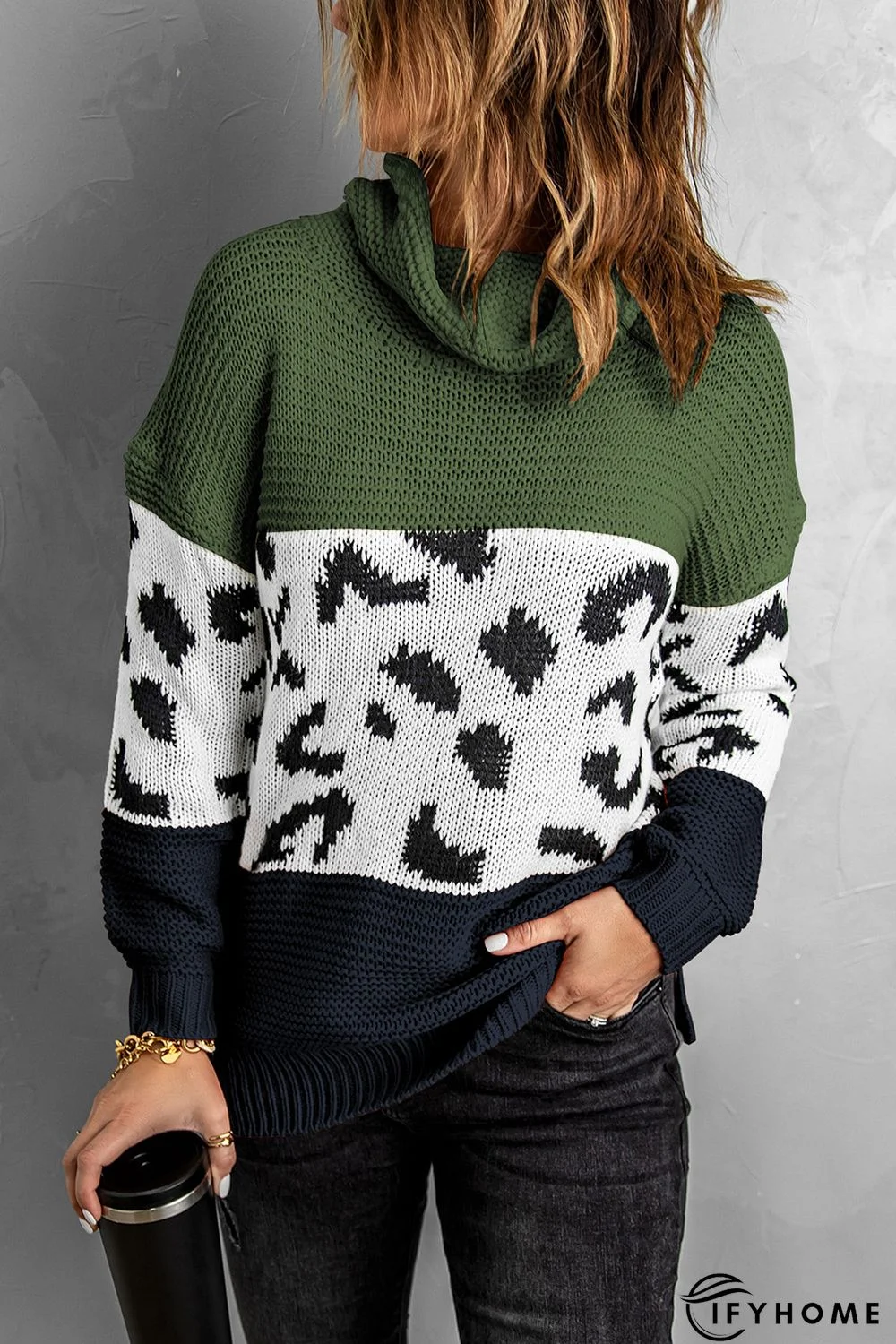 Green Turtleneck Splicing Chunky Knit Pullover Sweater | IFYHOME