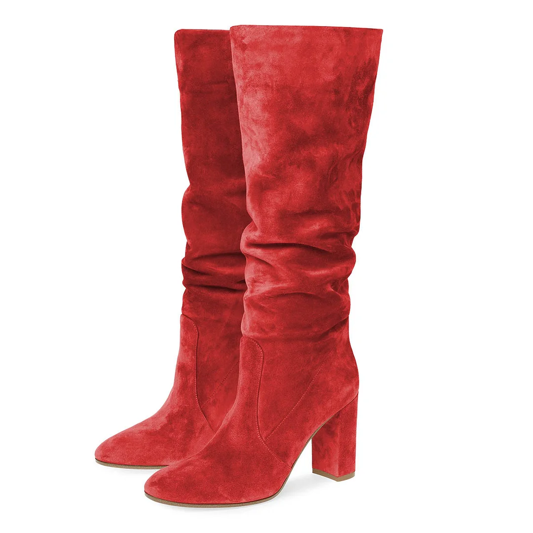 Red Vegan Suede Chunky Heel Slouch Knee High Boots for Women