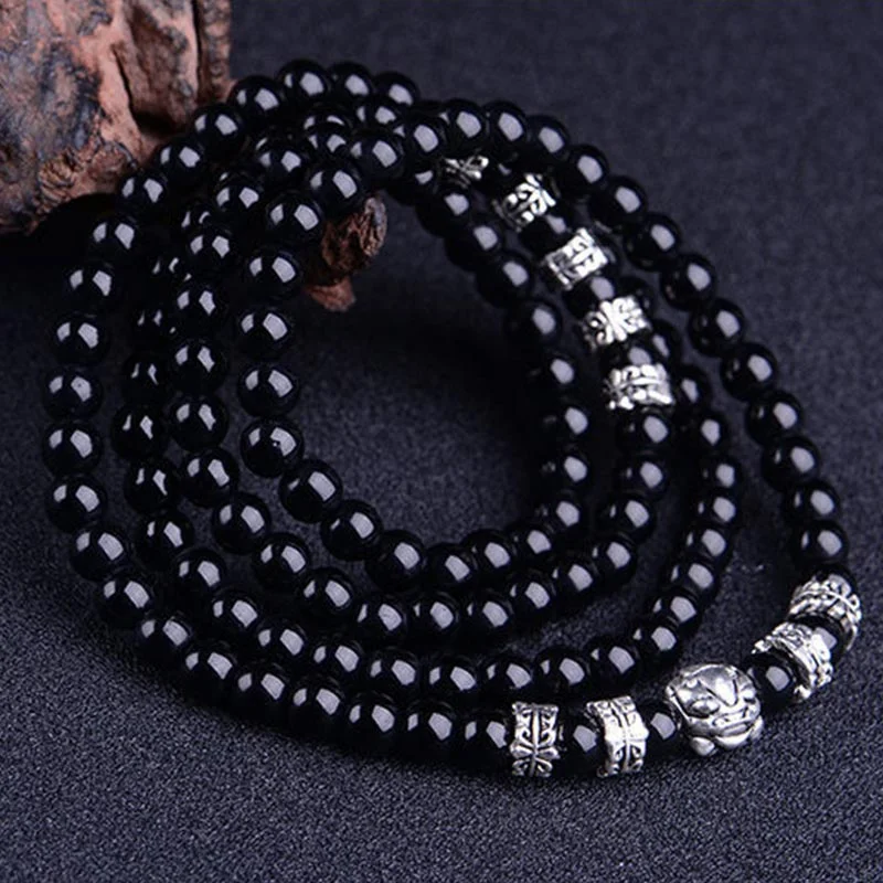 FengShui Natural Black Obsidian PiXiu Blessing Bracelet Necklace Mala