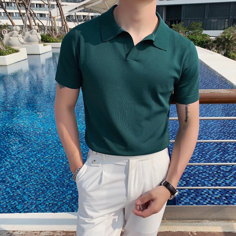 Yelocycle Men Fashion Polo Shirts V Neck Polo T Shirt Slim Casual Soild Top Short Sleeve Ice Silk T-Shirts Korean Social Shirts Streetwear