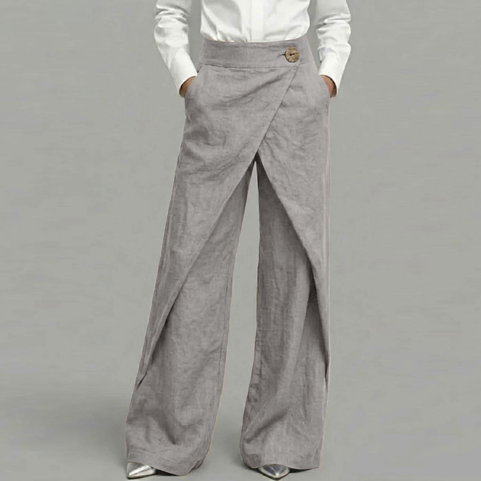 Comstylish Women's Casual Retro Slanted Button Cotton And Linen Pants