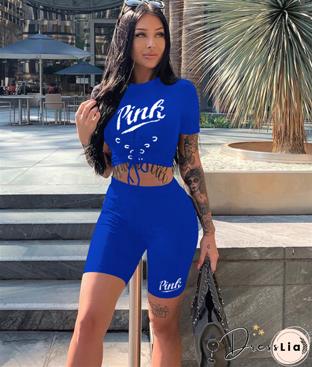 Sportswear Short Sleeve Crop Tops Biker Shorts Set