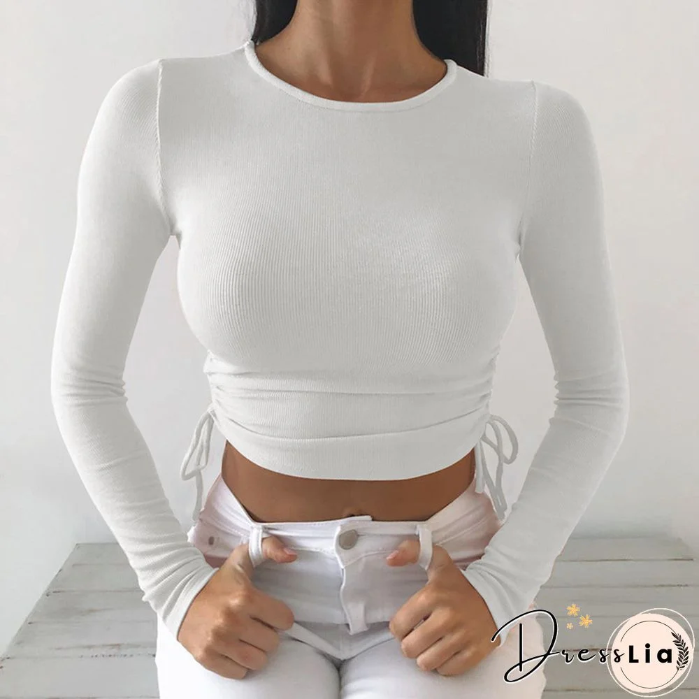 Sexy O-Neck Long Sleeve Bodycon Cropped Tops Autumn Women Irregular Drawstring Bandage Knitted Solid T-Shirt