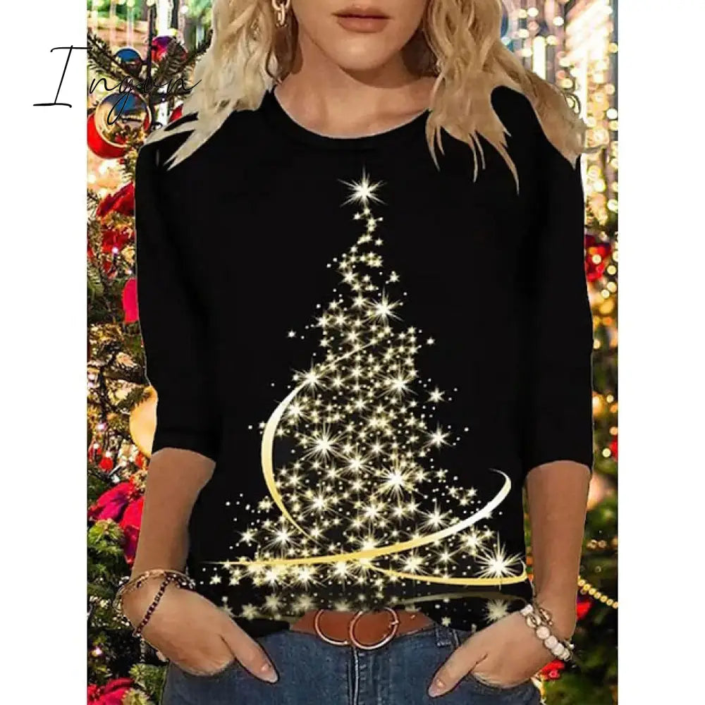 Ingvn - Women’s Shirt Dark Green Peacock Blue Brick Red Christmas Tree Print Long Sleeve Holiday