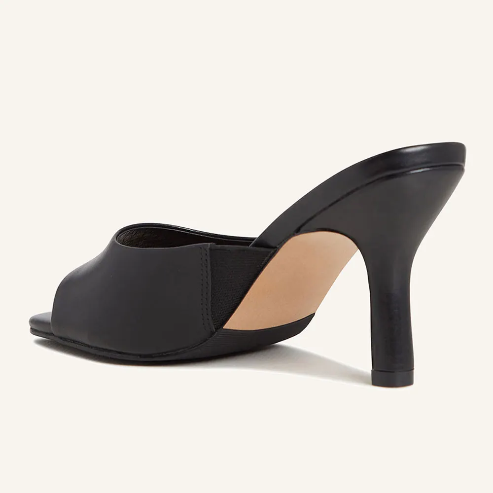 Black Vegan Leather Open Square Toe Chunky Heel Slide Sandals