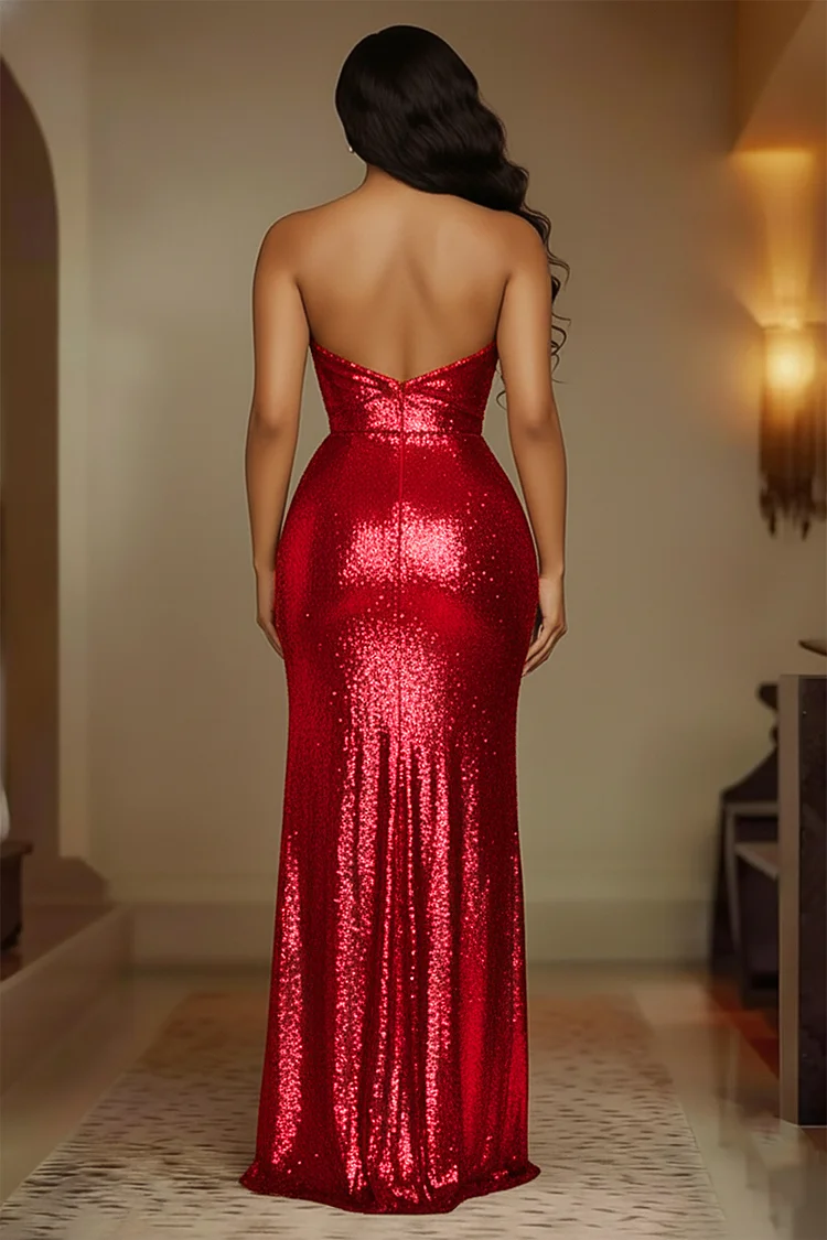 Sequined Strapless Ruched Fitted High Slit Gowns Maxi Dresses-Gold [Pre Order]