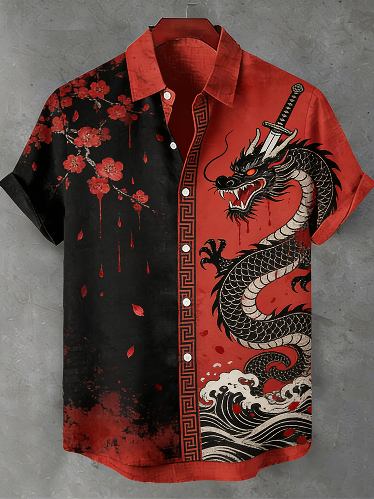 Comstylish Japanese-style Dragon And Plum Blossom Red And Black Color-block Cotton Linen Short Sleeve Shirt