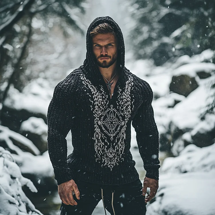 Men's Viking Tribal Dreamcatcher Jacquard Celtic Inspired Chunky Knit Hooded Sweater