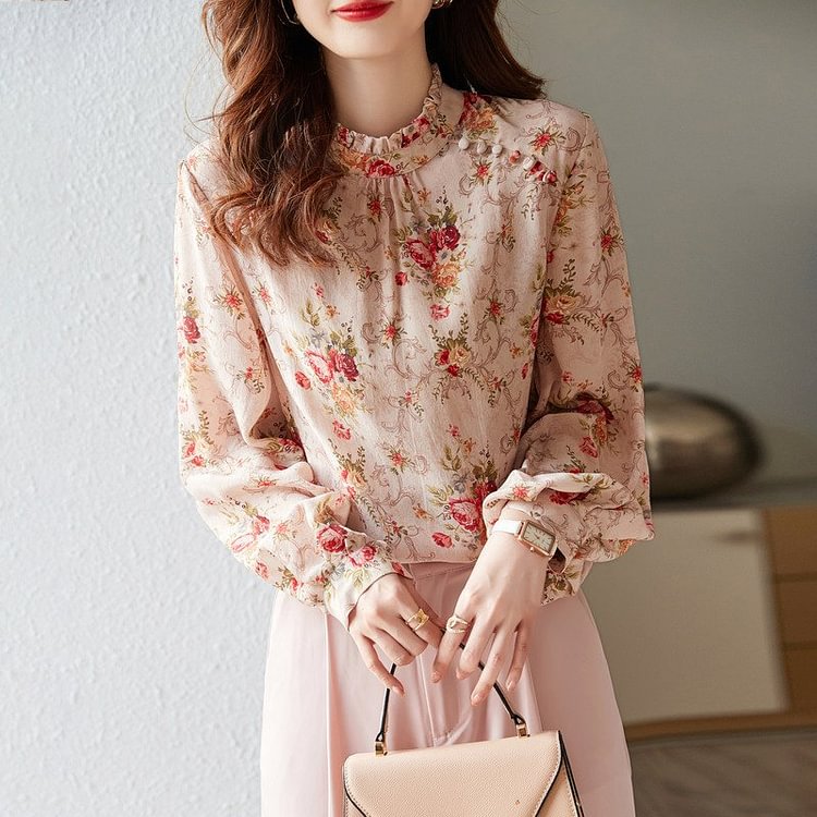 Light Pink Floral Shift Long Sleeve Printed Shirts & Tops
