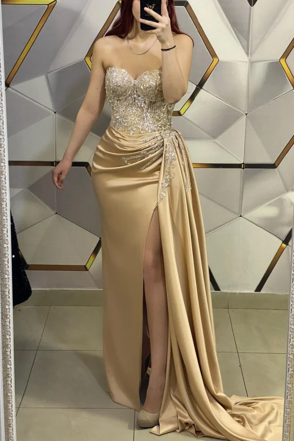 Gold Sleeveless Prom Dress V-Neck with Sequin Appliques YH0031