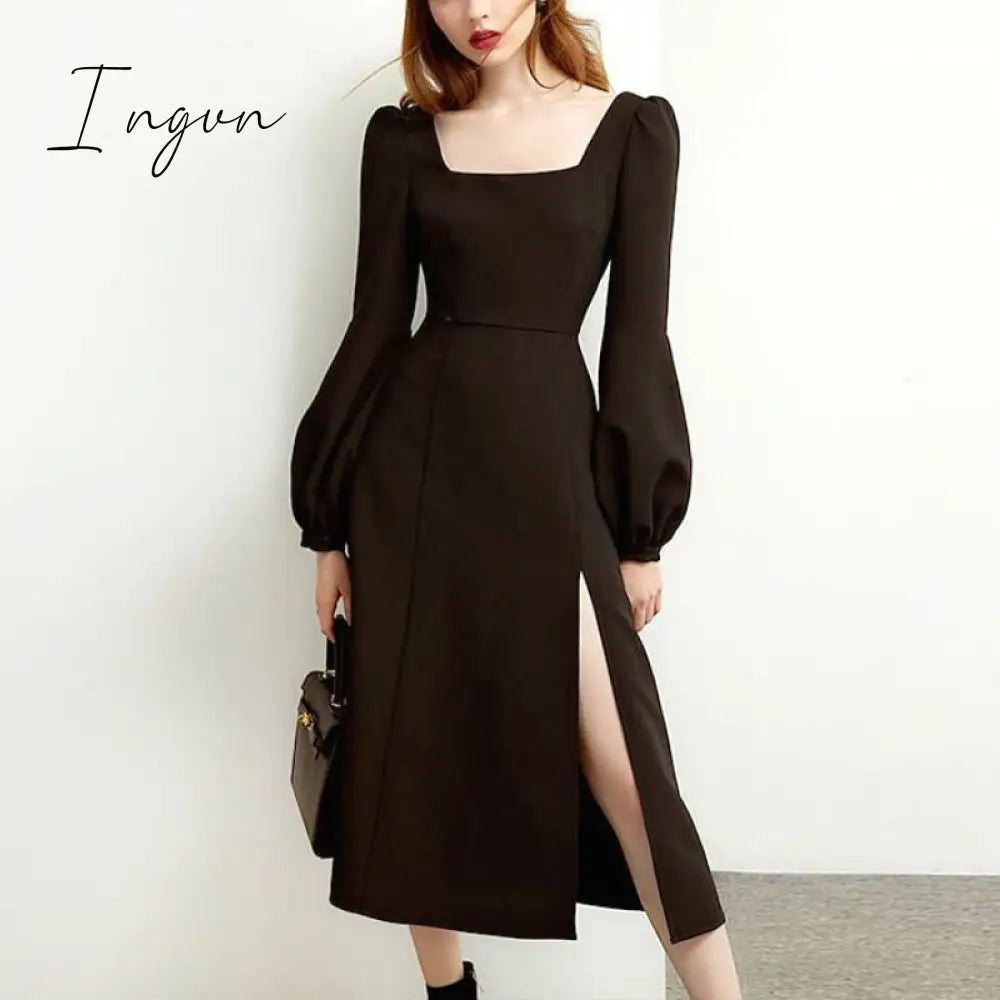 Ingvn - Black Retro Split Dress Women Elegant Midi Designer Female Long Sleeve Hepburn Style