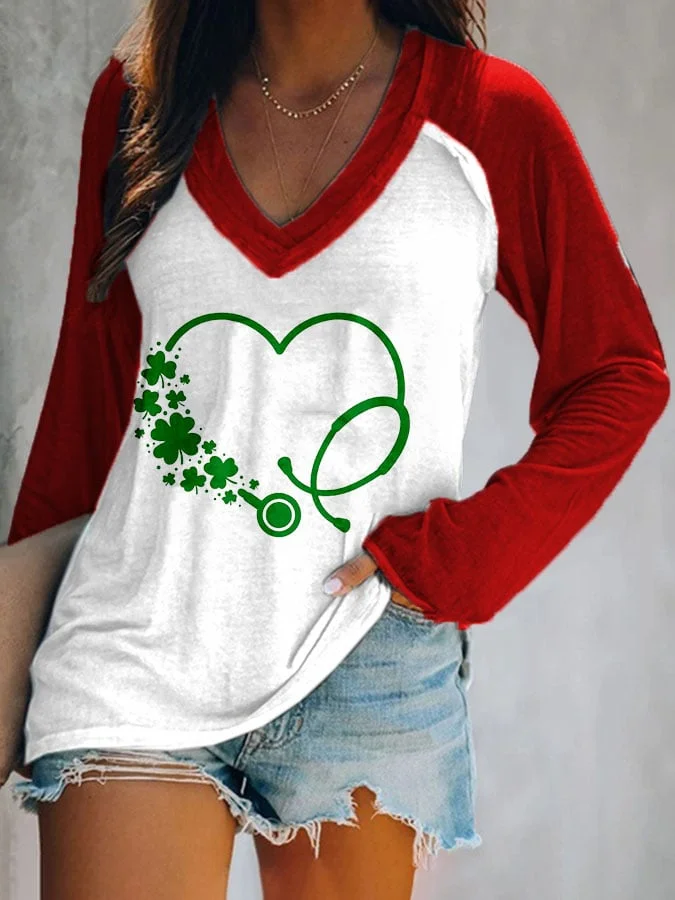 Four-Leaf Clover Casual Print V-Neck T-Shirt socialshop