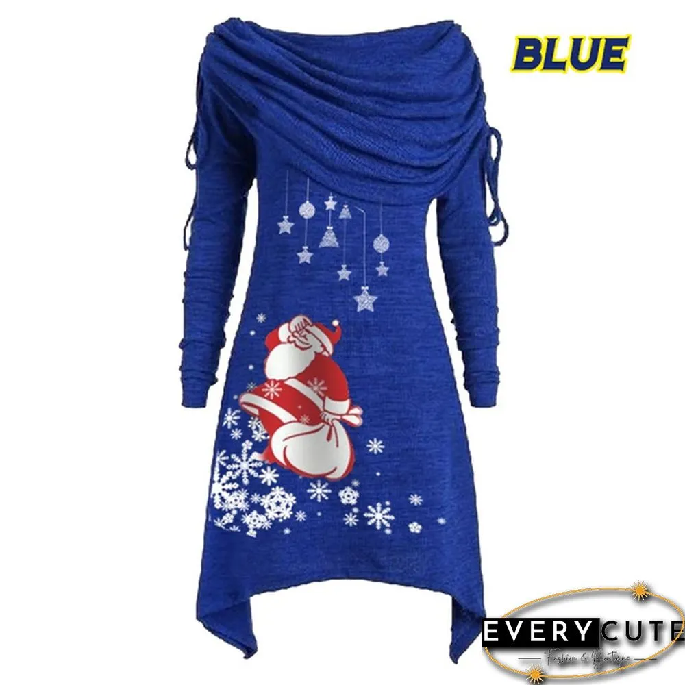 Womens Fashion Christmas Santa Claus Snowflake Print Ruched Foldover Collar Dress Cotton