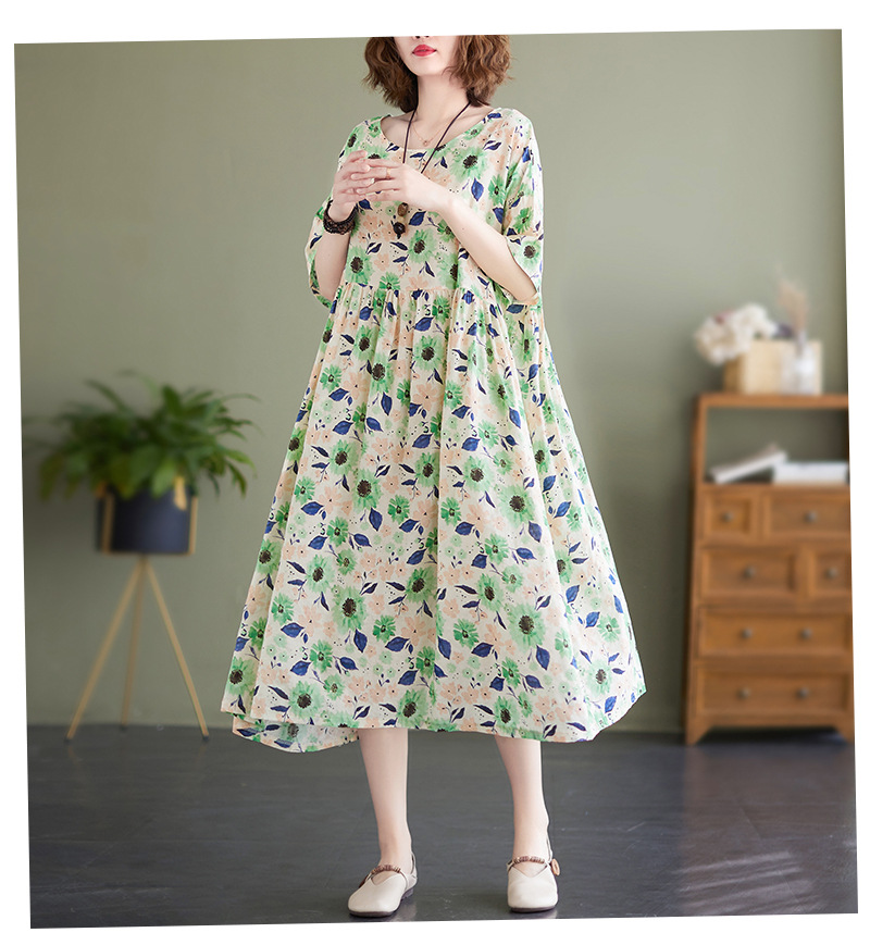 Floral Print Crew Neck Short Sleeve Midi Dress