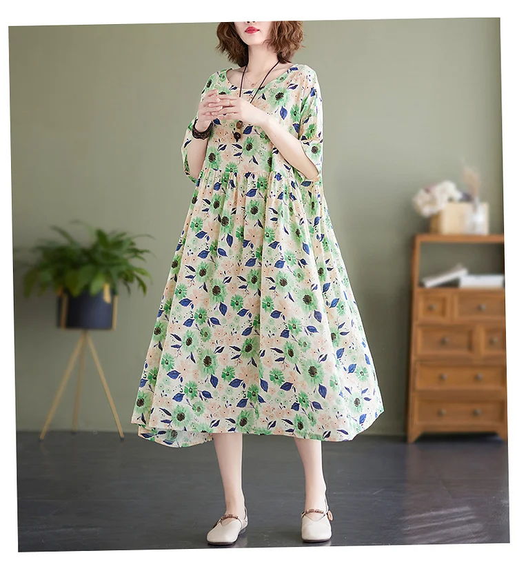 Floral Print Crew Neck Short Sleeve Midi Dress - yankia
