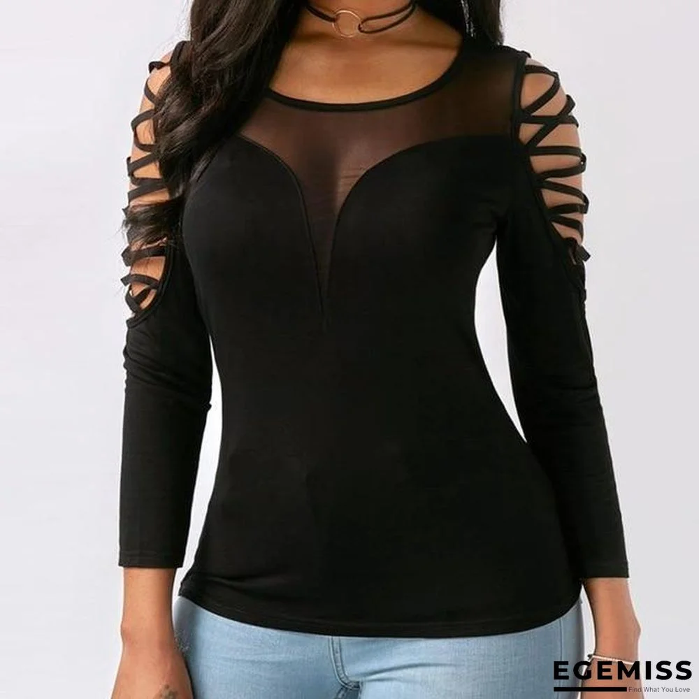 Plus Size Women Sexy Shimmer Mesh Blouse See-Through Black Perspective Bandage Tops | EGEMISS