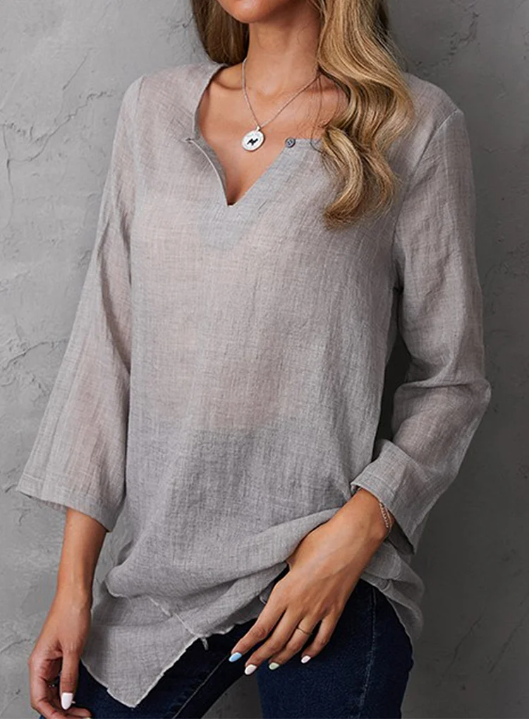 Women's Polyester Solid Color Casual V-neck 3/4 Sleeve Gray Blouse