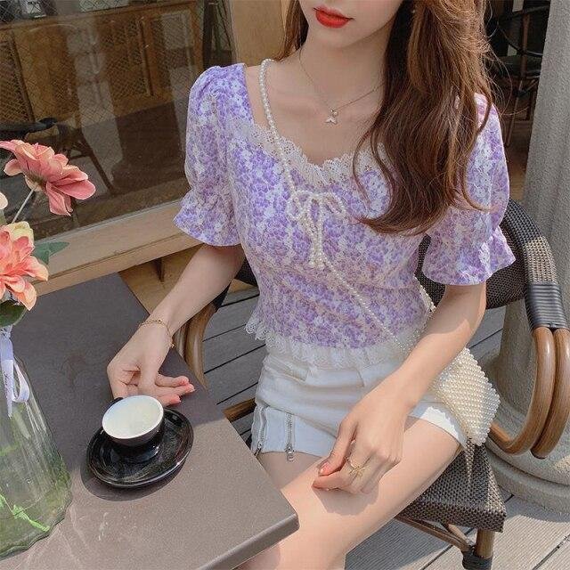 Korean Style Floral Blouse and Tops Woemen Short Sleeve Elegant Casual Shirts Female Design Lace Kawaii Top Summer Outwear - Shop Trendy Women's Fashion | TeeYours