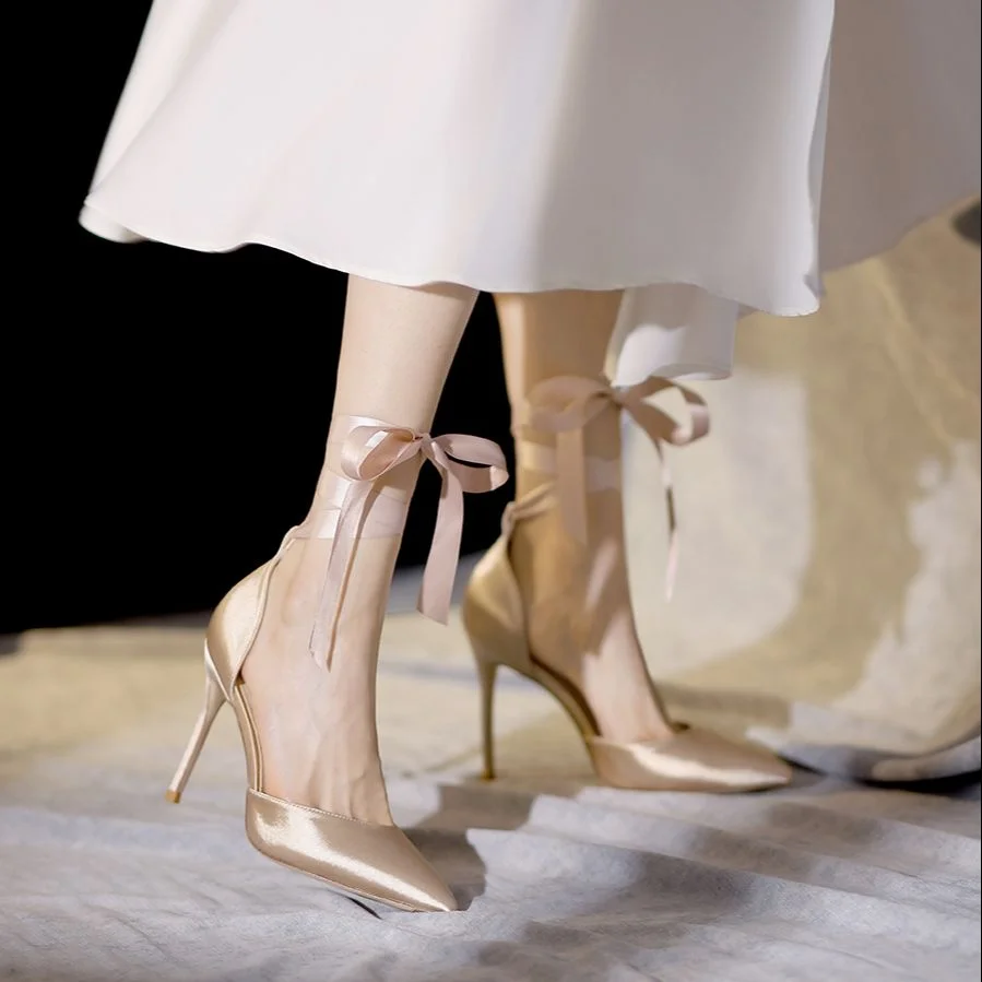 Lourdasprec Summer new pointed straps silk high-heeled ribbon bridesmaid bride wedding shoes banquet dress wild small size female sandals