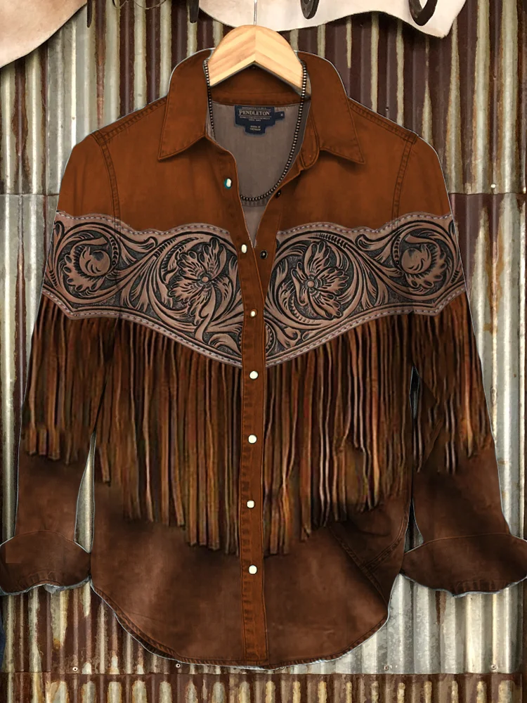 VChics Men's Vintage Western Floral Tassels Cowgirl Blouse