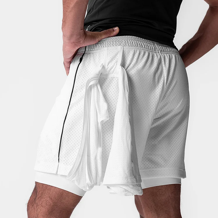 PASUXI Men's Sports Shorts with Zipper Pockets Double Layer Quick-Dry Fitness Training Shorts  huanwei