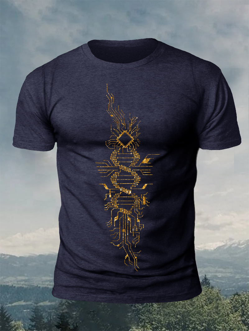 Golden High-Tech Circuit Print Short Sleeve T-Shirt