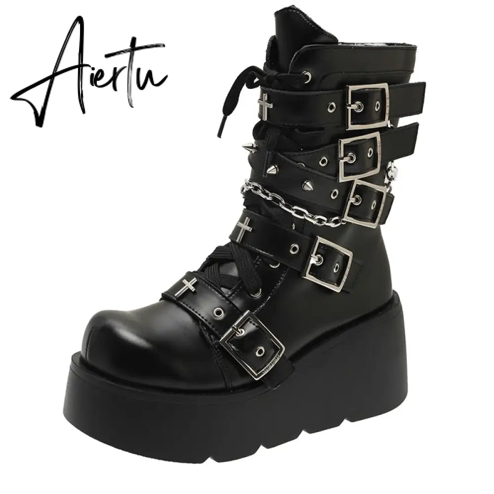 Punk Metal Buckle Platfom Ankle Boots Women Autumn PU Leather Chunky Heels Gothic Shoes Woman Thick Bottom Motorcycle Botas Aiertu