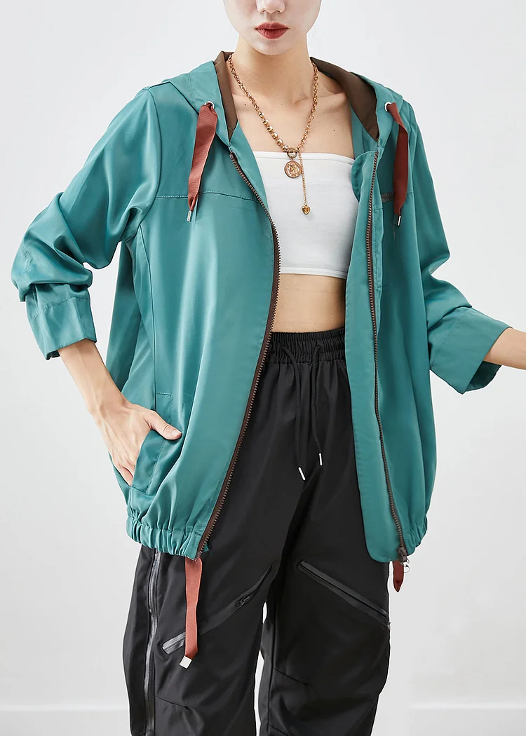 French Green Hooded Drawstring Cotton Jackets Fall