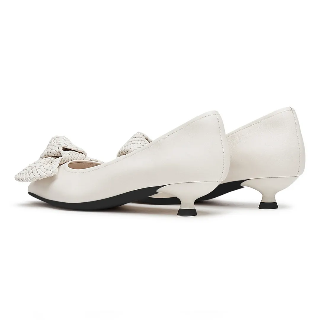 YDN White Pointed Toe Kitten Heel Pumps Shoes with Woven Bow