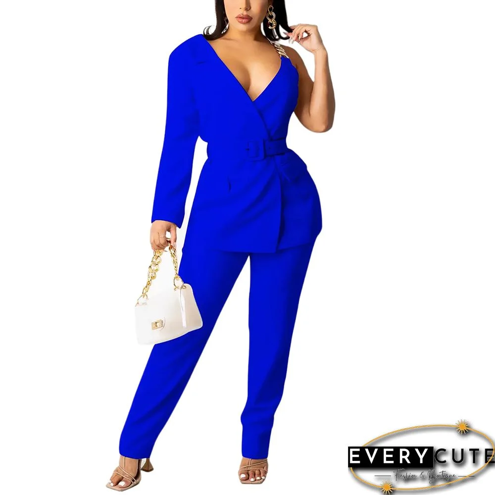 Blue One Long Sleeve Tie Waist Blazer with Pant Set