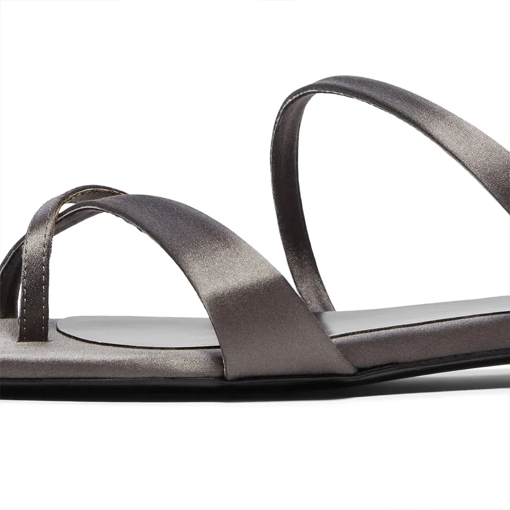 Satin Open Toe Flip Flop Grey Flat Mule Shoes for Women