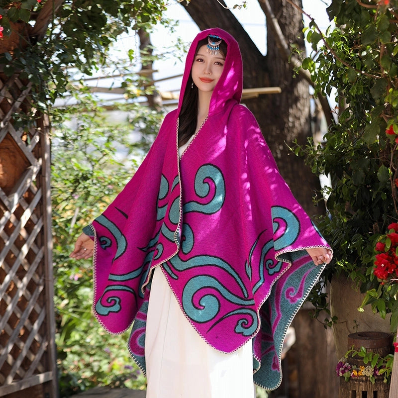 Ethnic Style Hooded Shawl Cloak Lijiang Xinjiang Tibet Northwest Tourism Wear Photograph Warm Outer Cape