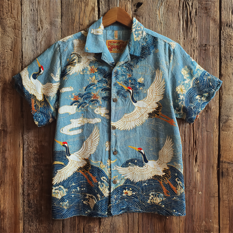 Japanese Cranes Floral Sea Waves Linen Shirt  artssus