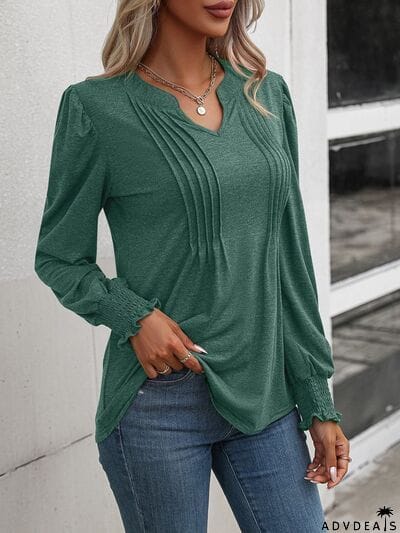 Notched Smocked Lantern Sleeve Blouse
