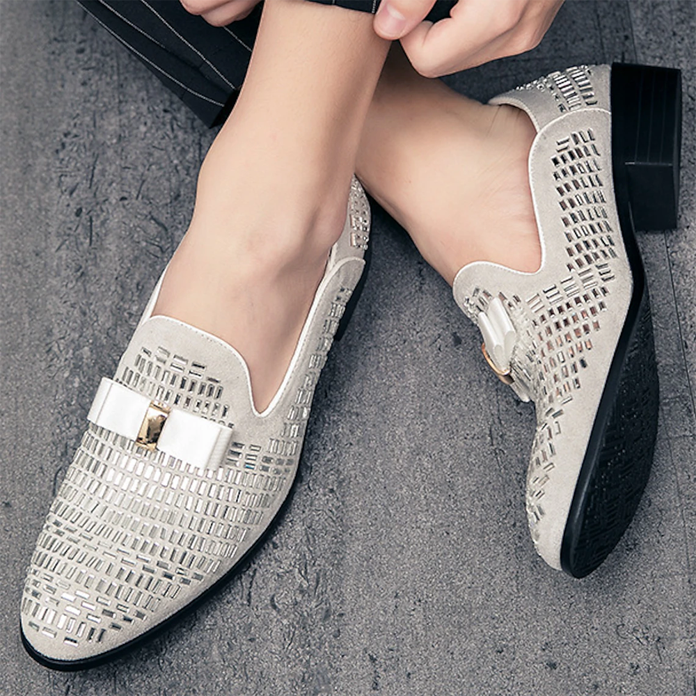 Silver Faux Suede Round Toe Chunky Heel Oxford Shoes with Rhinestone Nicepairs