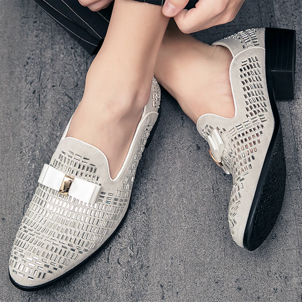 Silver Suede Round Toe  Rhinestone Oxford Shoes With Low Chunky Heels Nicepairs