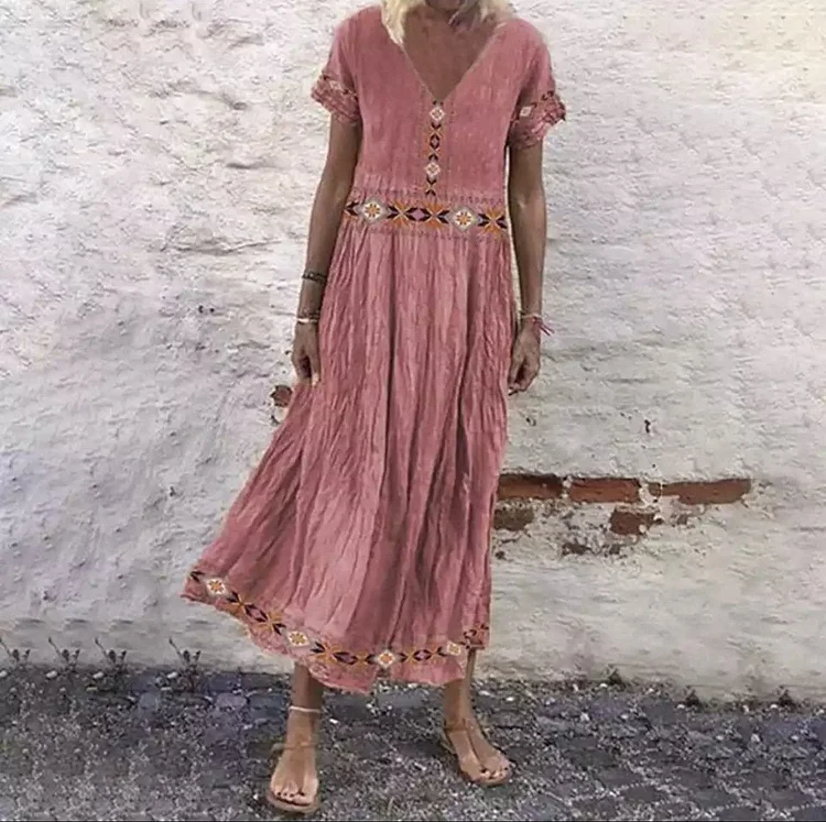 Linen Tribal Shift V Neck Short Sleeve Dress