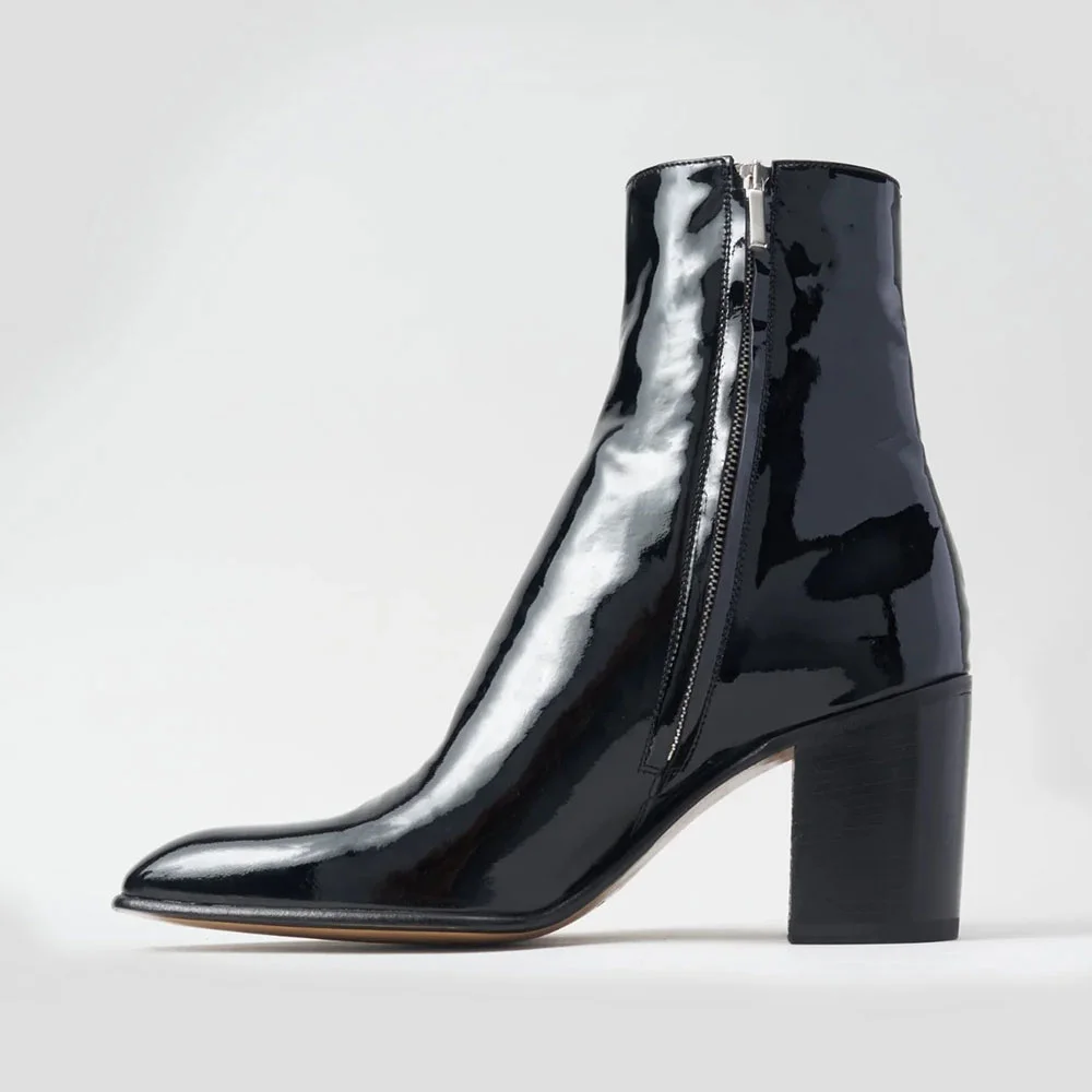 Black Patent Leather Almond&nbsp;Toe High Heel Short Boots for Women